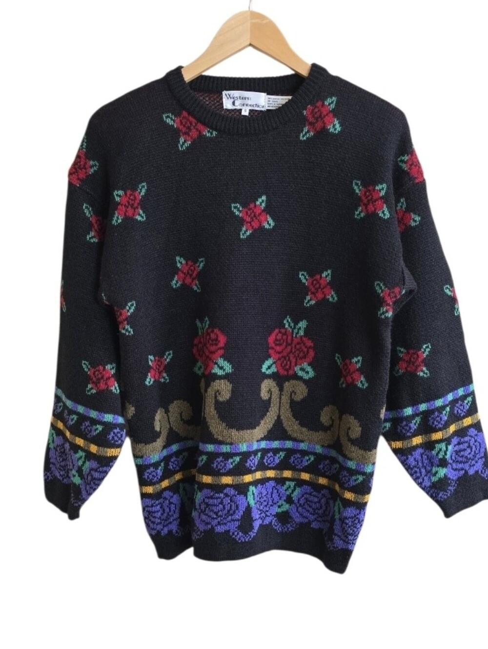 Vintage 90s Western Connection Grannycore Floral Rose Knit Sweater. Size Small